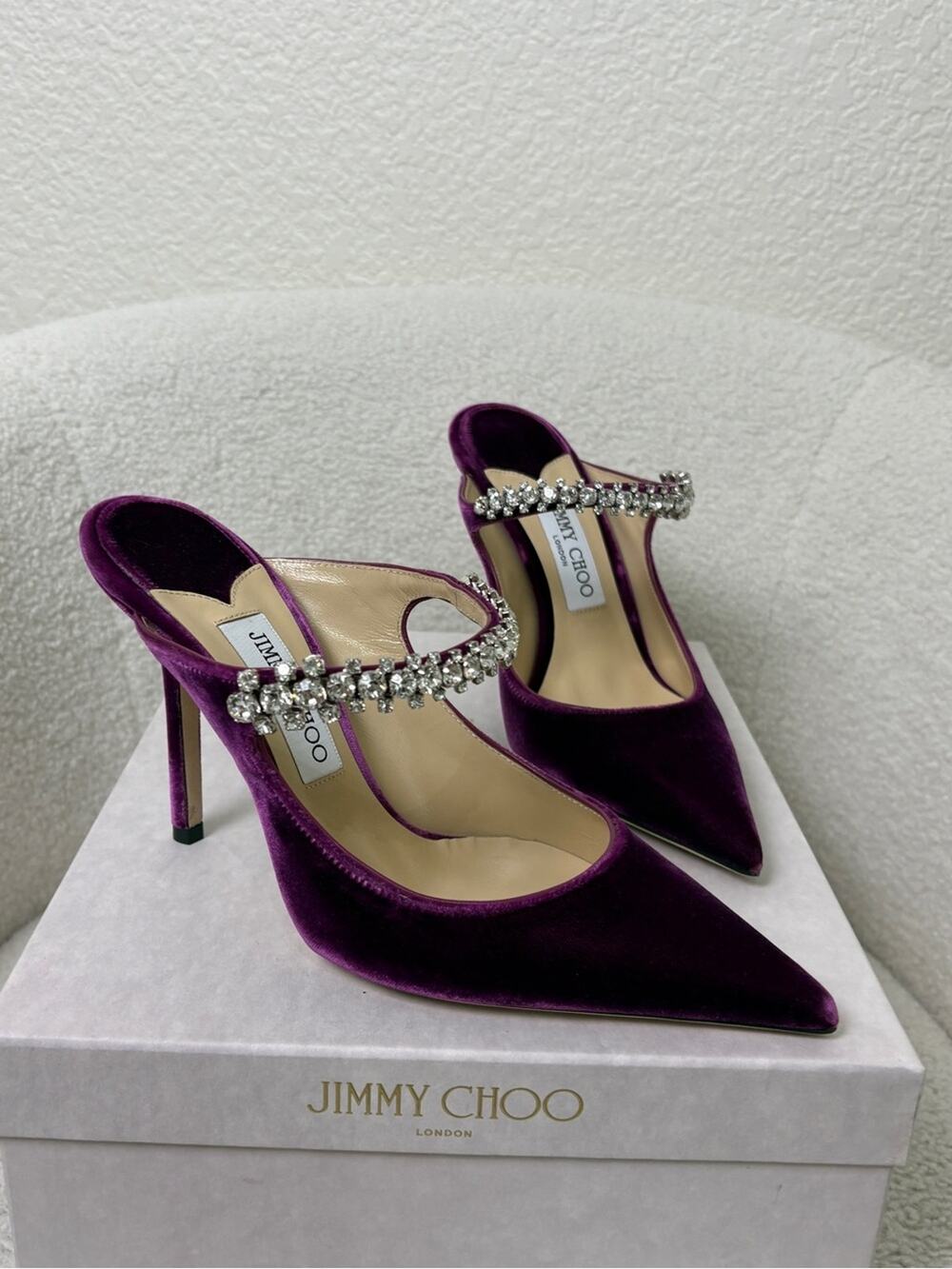 Jimmy Choo bing Purple Velvet Crystal-Strap Pointed Toe Heels 38.5